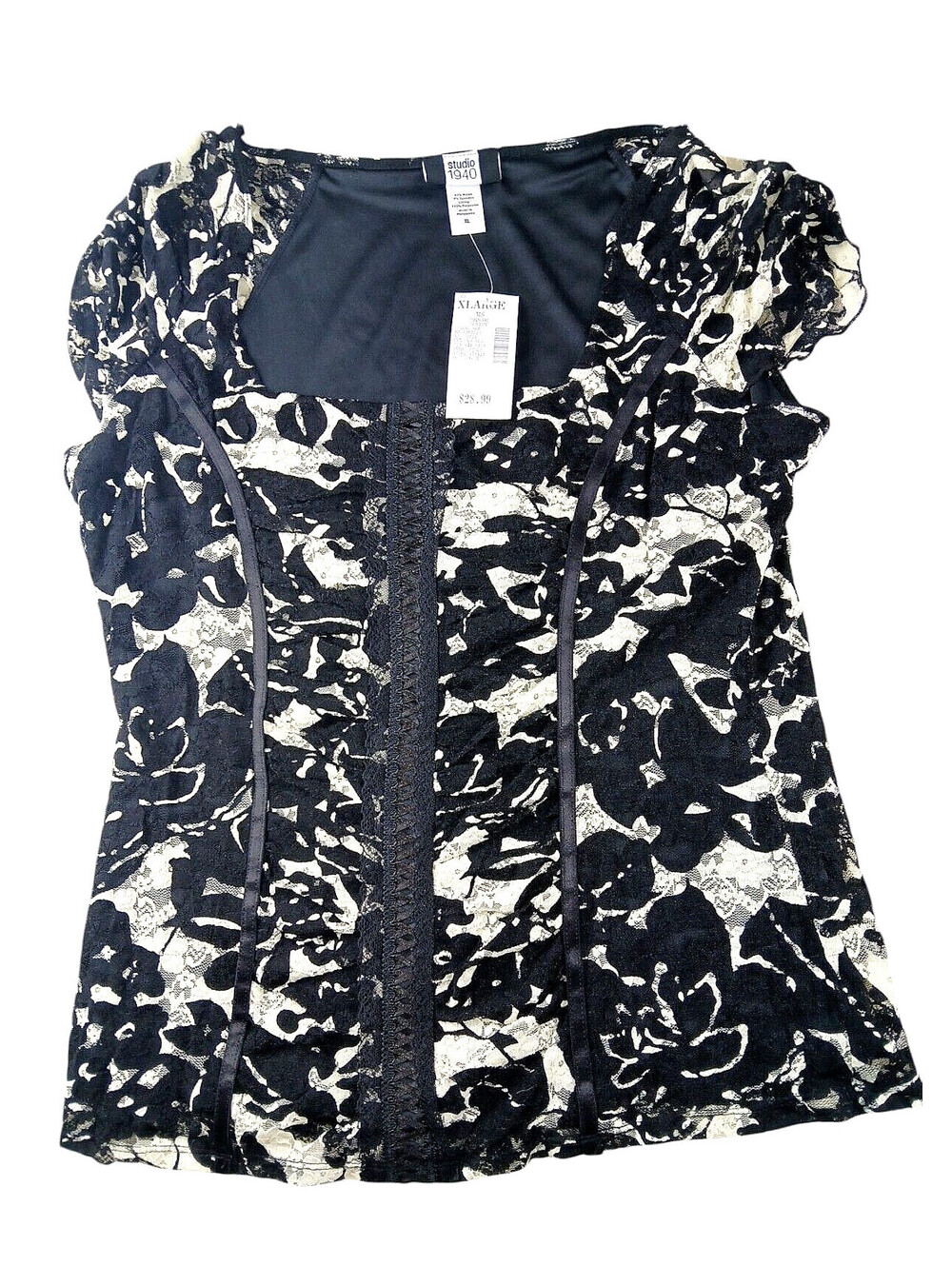 Ruffle Lace Cap Sleeves lined Black Ivory Juniors/Misses Sz XL Stretchy Soft Top
